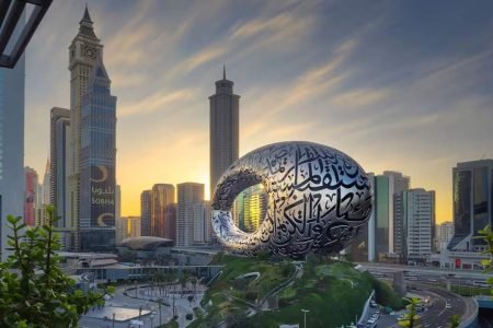 Museum of the Future in Dubai with Arabic calligraphy facade at sunset, surrounded by skyscrapers.
